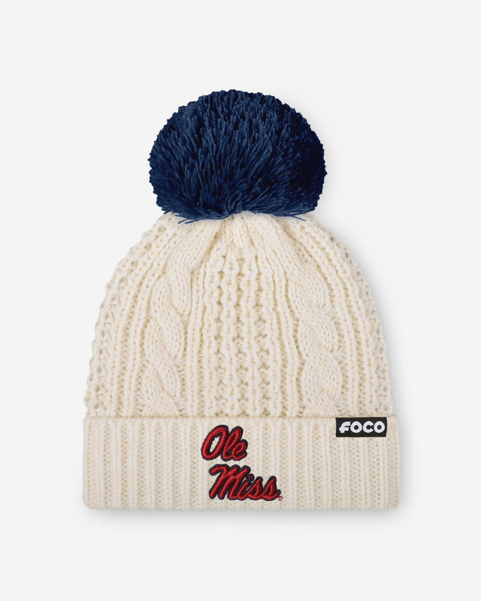 Ole Miss Rebels Womens Primary Logo White Cable Knit Pom Beanie FOCO - FOCO.com