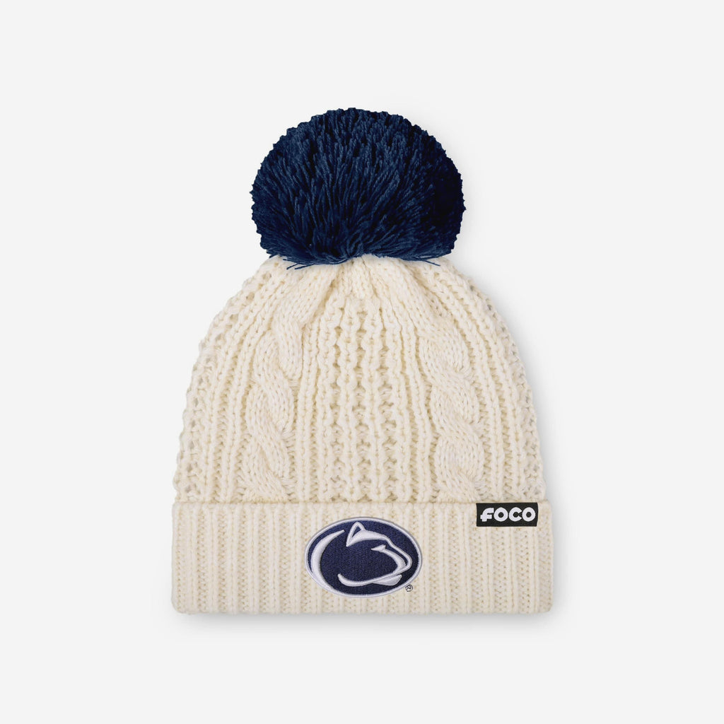 Penn State Nittany Lions Womens Primary Logo White Cable Knit Pom Beanie FOCO - FOCO.com