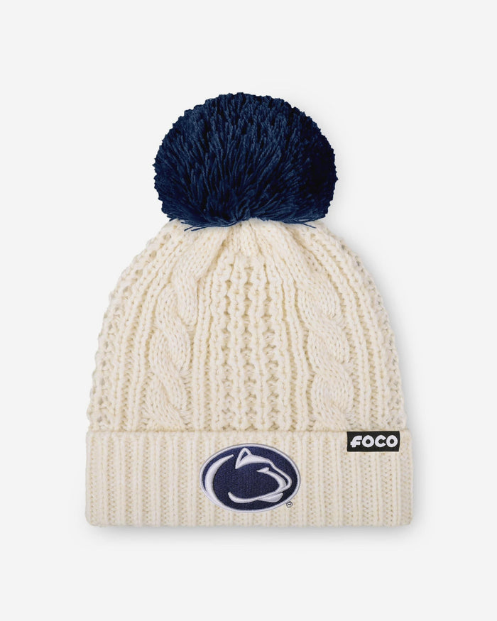 Penn State Nittany Lions Womens Primary Logo White Cable Knit Pom Beanie FOCO - FOCO.com