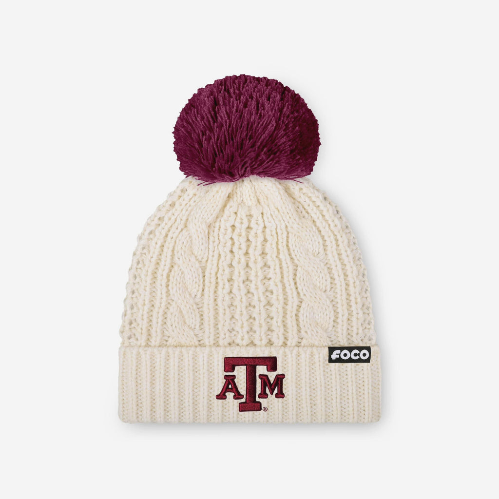 Texas A&M Aggies Womens Primary Logo White Cable Knit Pom Beanie FOCO - FOCO.com
