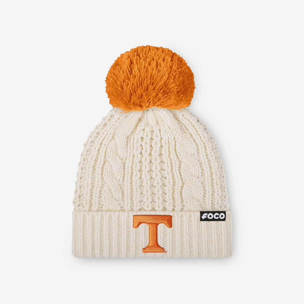 Tennessee Volunteers Womens Primary Logo White Cable Knit Pom Beanie FOCO - FOCO.com