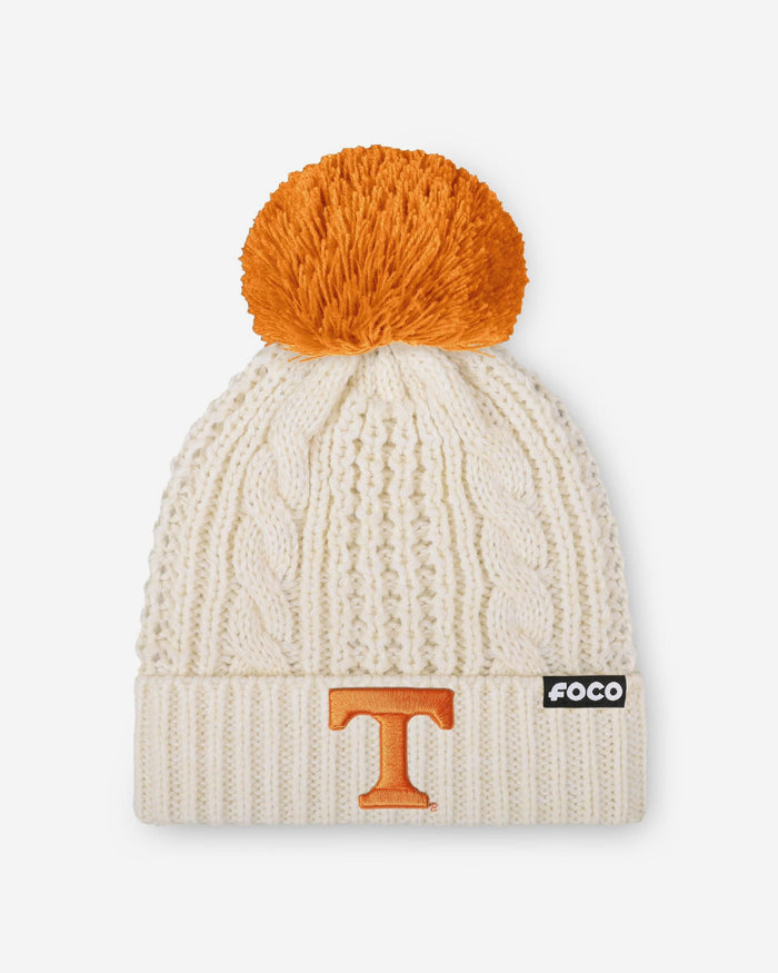 Tennessee Volunteers Womens Primary Logo White Cable Knit Pom Beanie FOCO - FOCO.com
