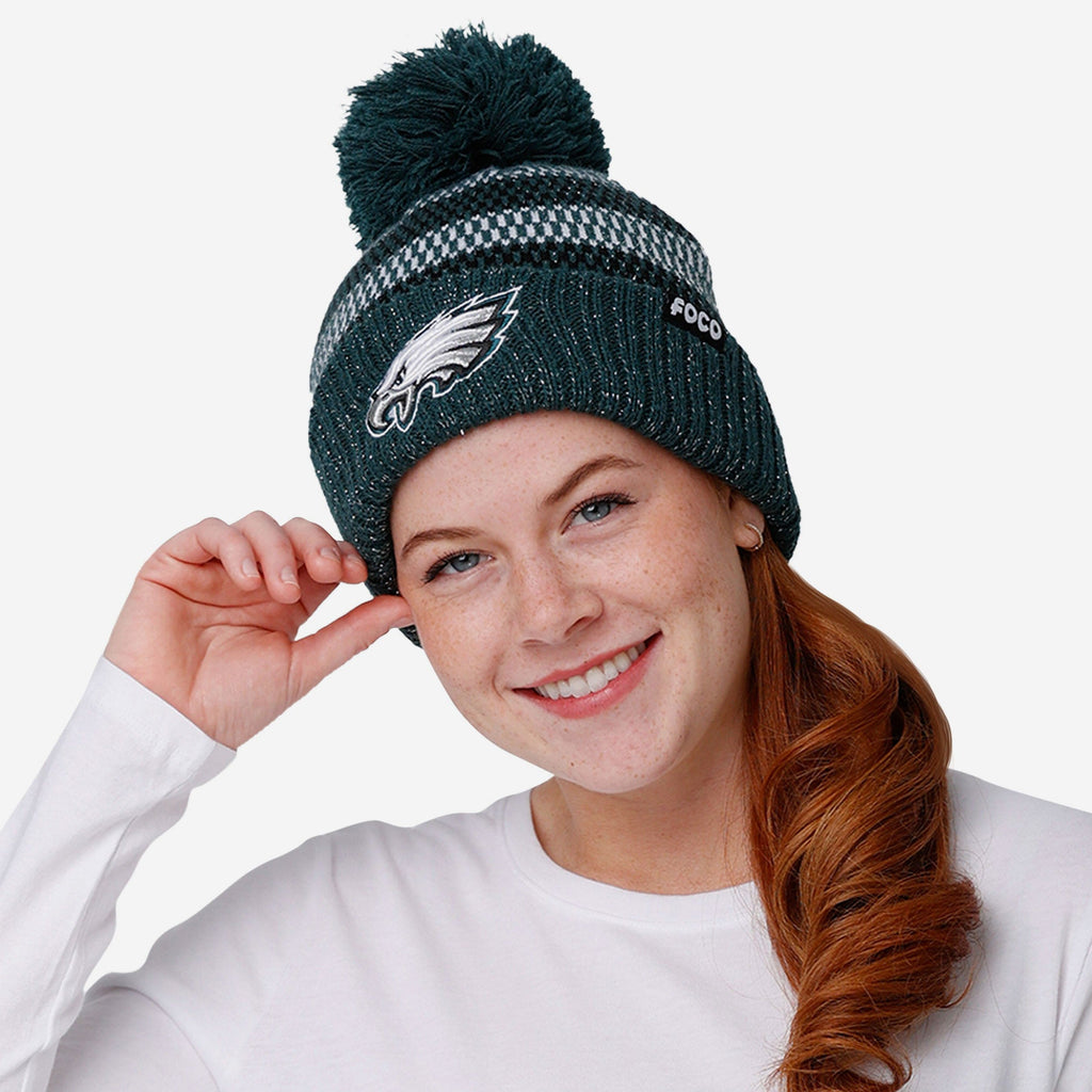 Threadbare Philadelphia Eagles Philadelphia Eagles Womens Cozy Knit Metallic Thread Pom Beanie FOCO