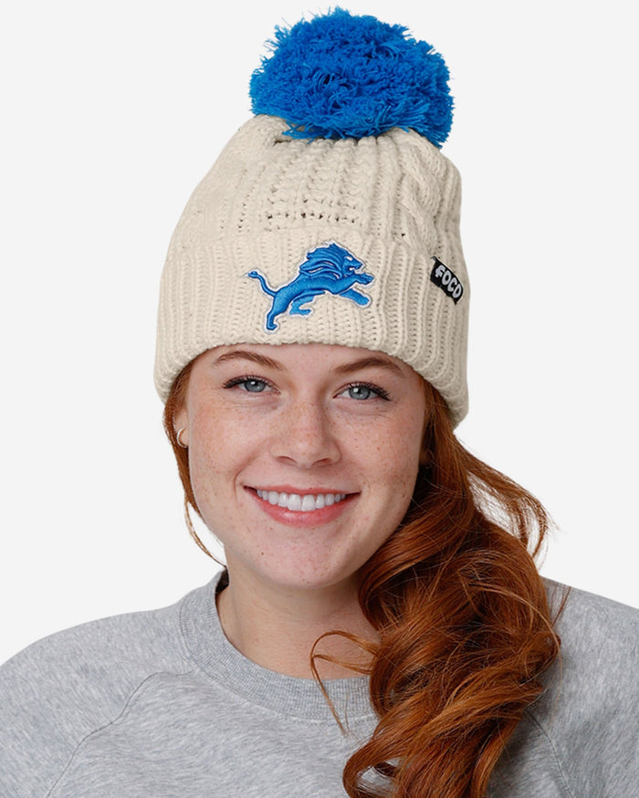 Detroit Lions Womens Primary Logo White Cable Knit Pom Beanie FOCO - FOCO.com