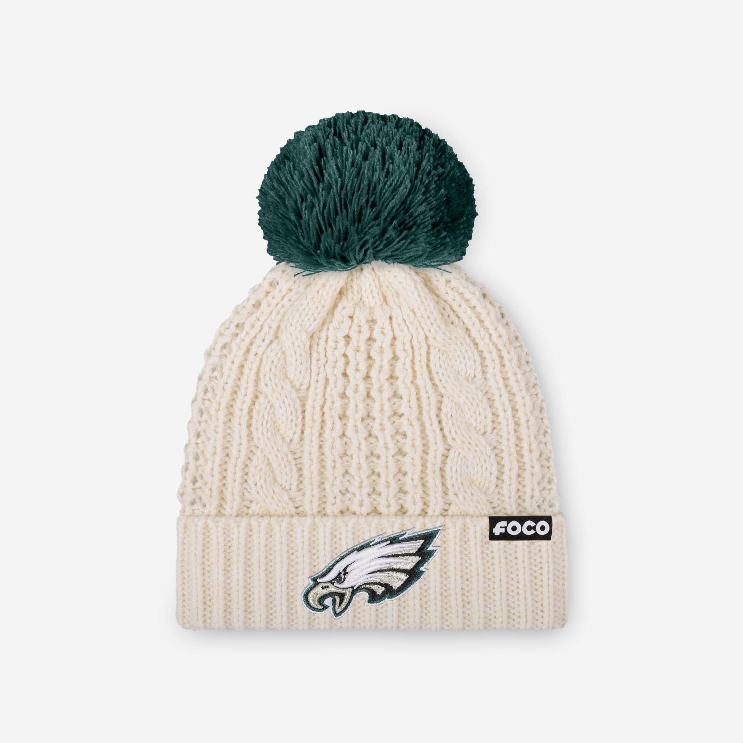 Philadelphia Eagles Womens Primary Logo White Cable Knit Pom
