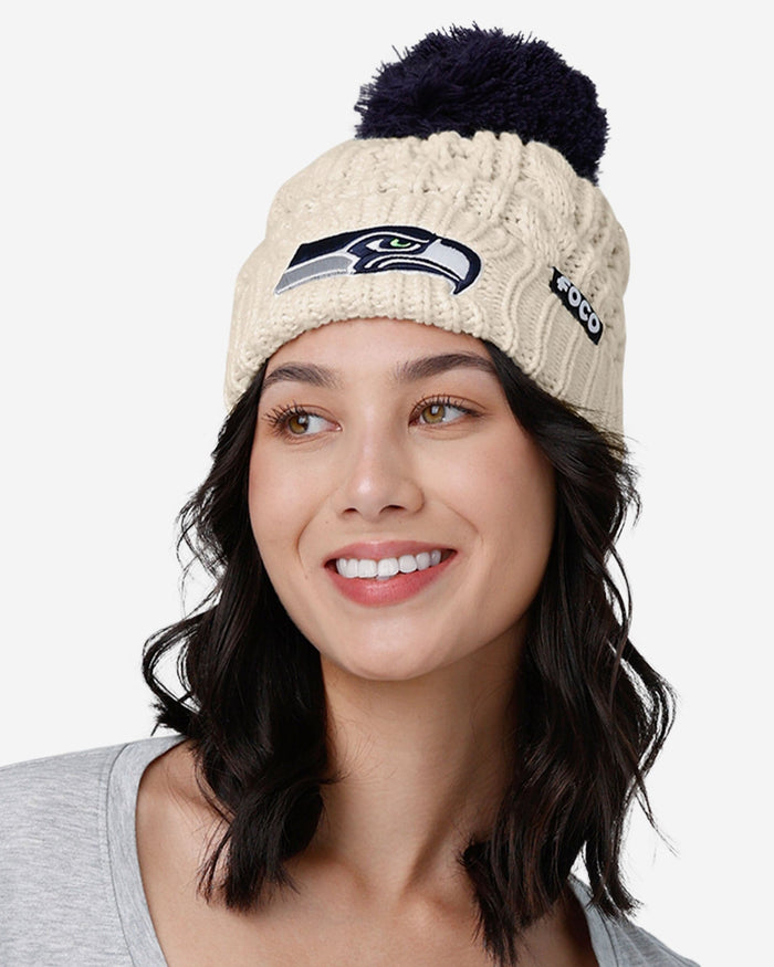 Seattle Seahawks Womens Primary Logo White Cable Knit Pom Beanie FOCO - FOCO.com
