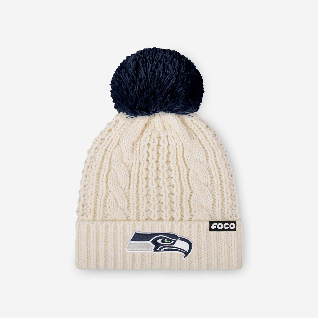 Seattle Seahawks Womens Primary Logo White Cable Knit Pom Beanie FOCO - FOCO.com