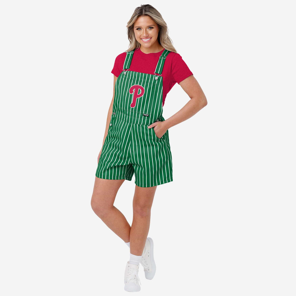 Philadelphia Phillies Womens Kelly Green Pinstripe Bib Shortalls FOCO XS - FOCO.com