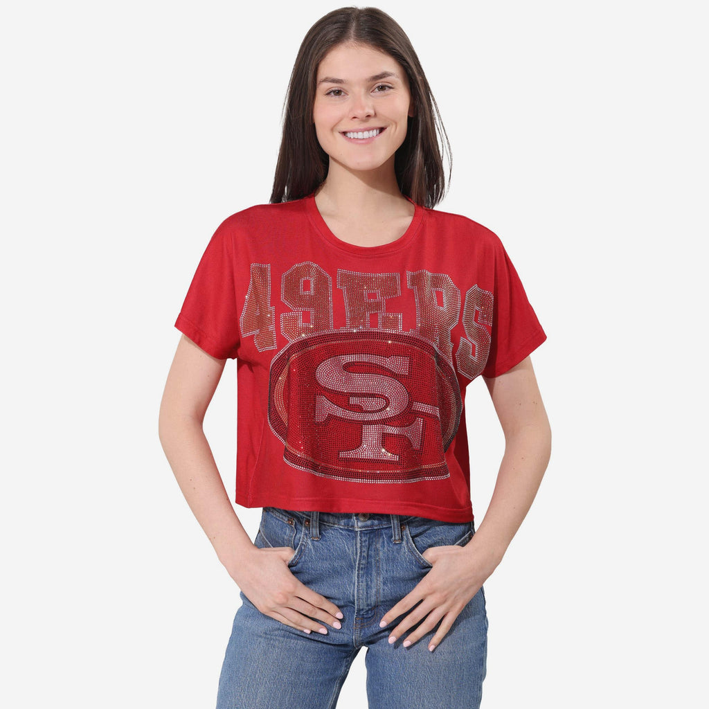 San Francisco 49ers Big Wordmark Rhinestone Crop Top FOCO S - FOCO.com