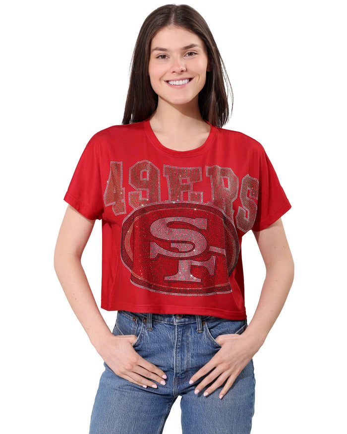 San Francisco 49ers Big Wordmark Rhinestone Crop Top FOCO S - FOCO.com
