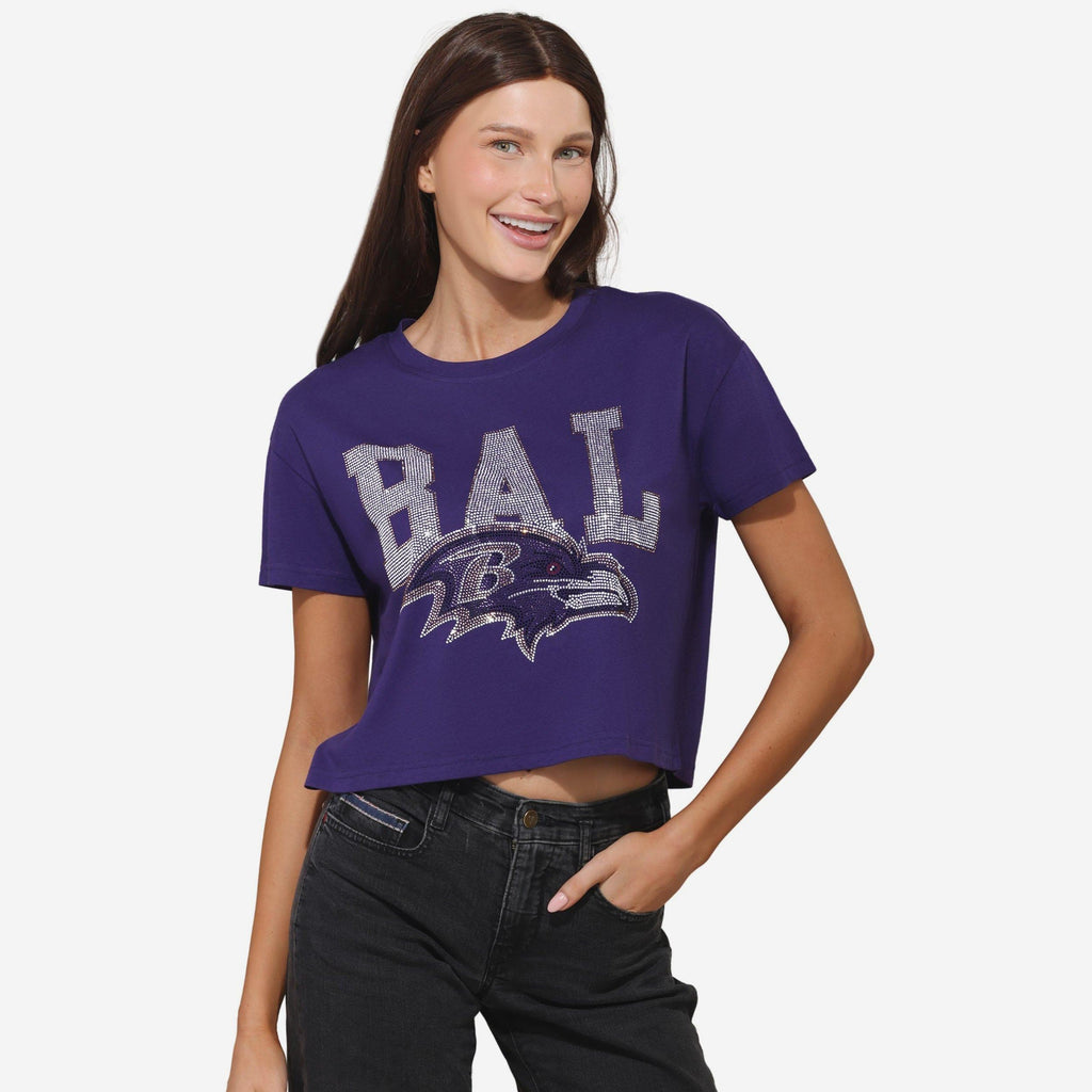 Baltimore Ravens Womens Rhinestone Logo Crop Top FOCO S - FOCO.com