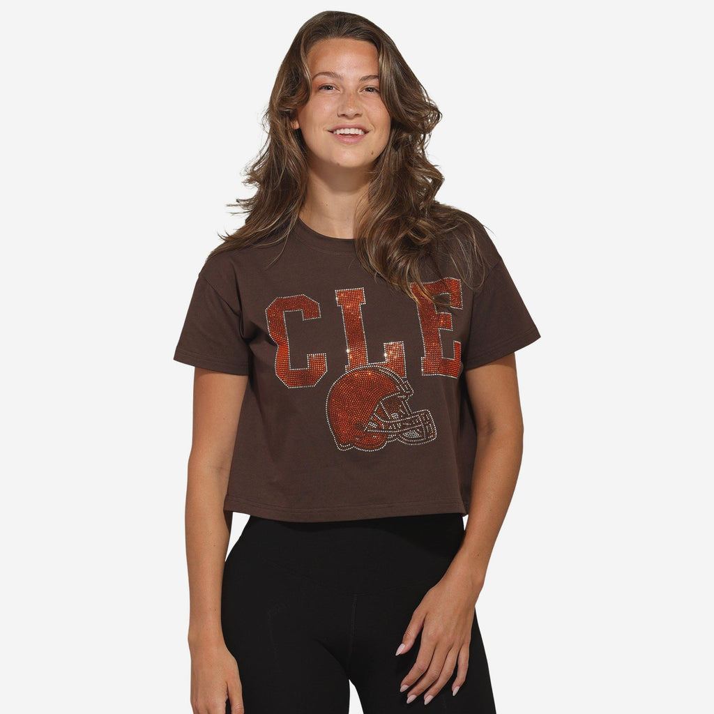 Cleveland Browns Womens Rhinestone Logo Crop Top FOCO S - FOCO.com