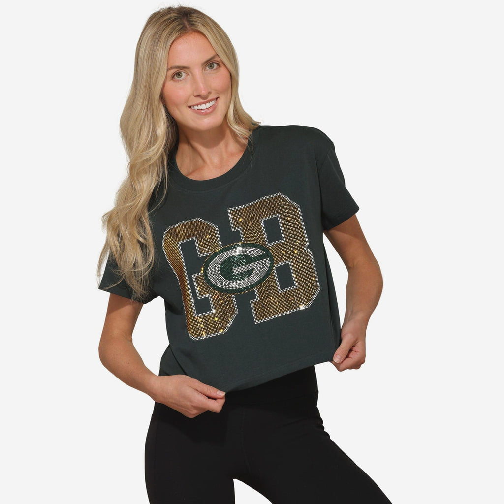 Packer Rhinestone Designs Green Bay Packers Womens Rhinestone Logo Crop Top FOCO