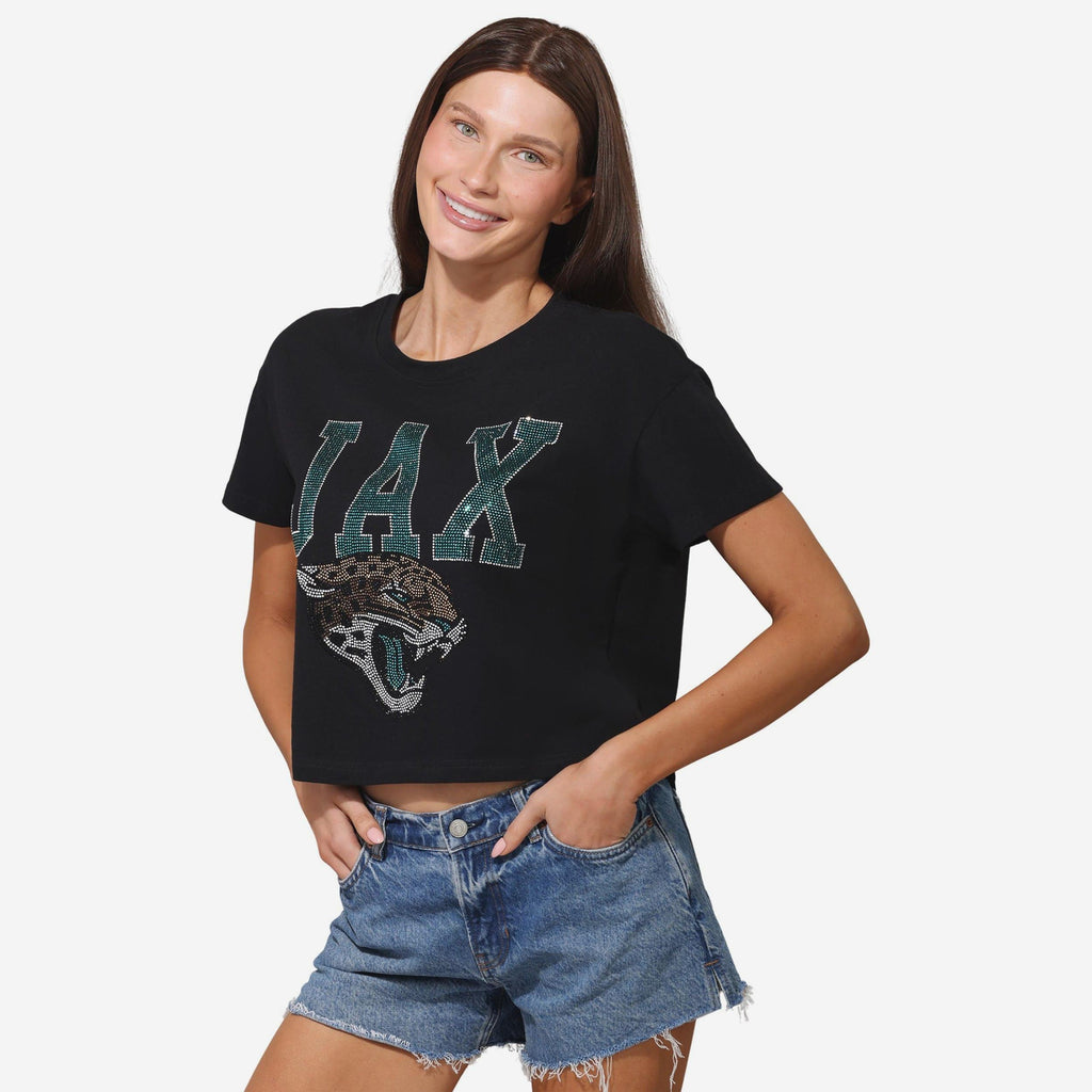 Jacksonville Jaguars Womens Rhinestone Logo Crop Top FOCO S - FOCO.com