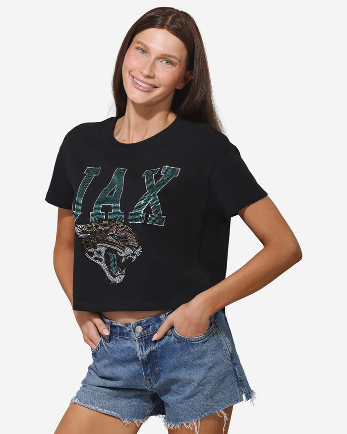 Jacksonville Jaguars Womens Rhinestone Logo Crop Top FOCO S - FOCO.com