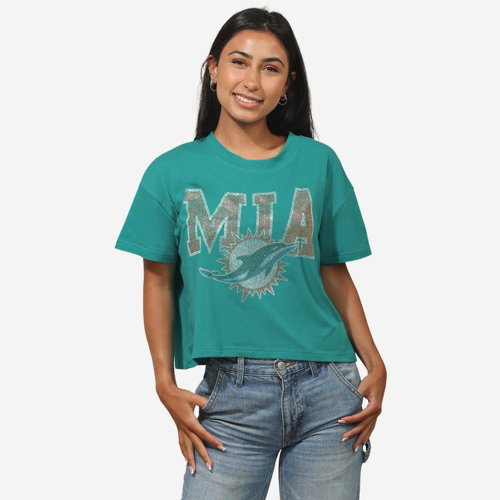 Miami Dolphins Womens Rhinestone Logo Crop Top FOCO S - FOCO.com