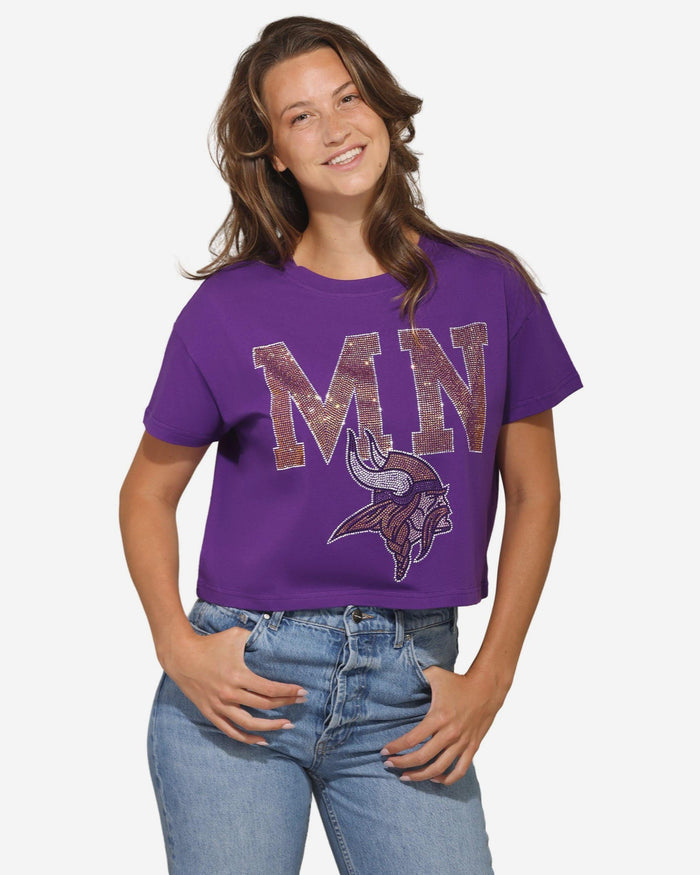 Minnesota Vikings Womens Rhinestone Logo Crop Top FOCO S - FOCO.com