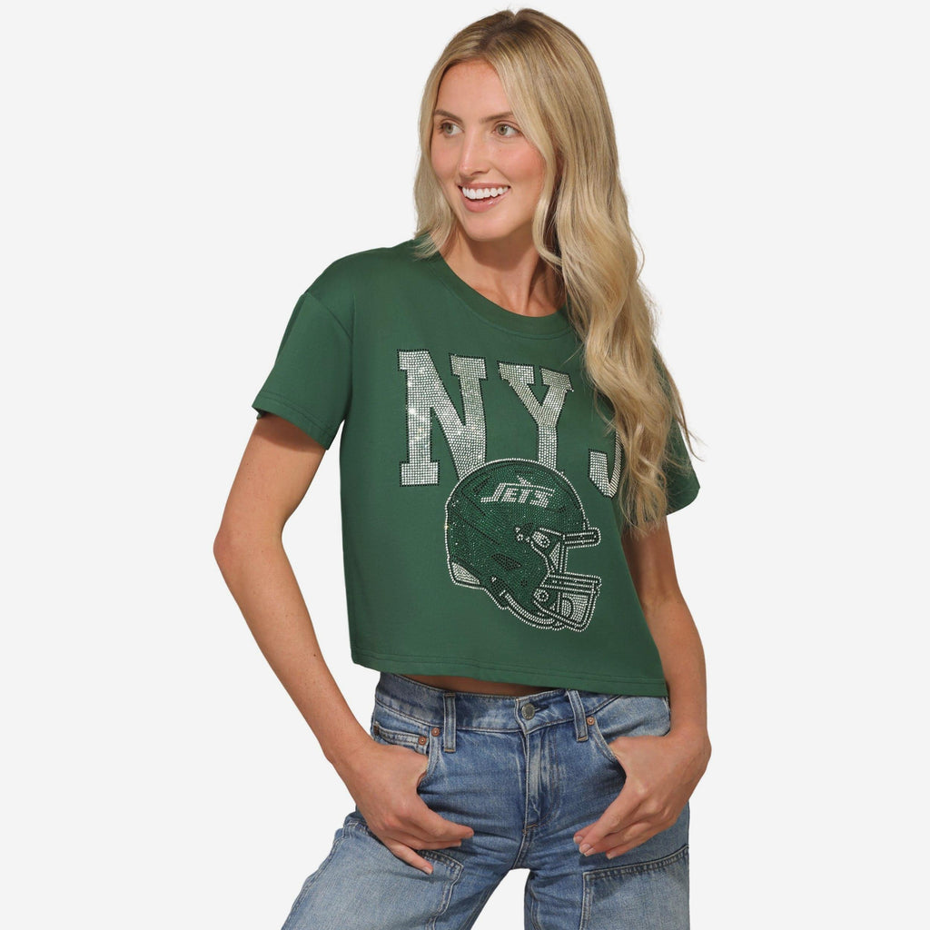 New York Jets Womens Rhinestone Logo Crop Top FOCO S - FOCO.com