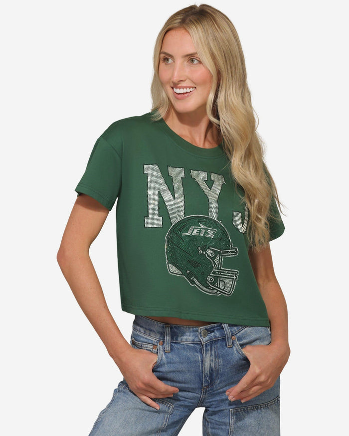 New York Jets Womens Rhinestone Logo Crop Top FOCO S - FOCO.com