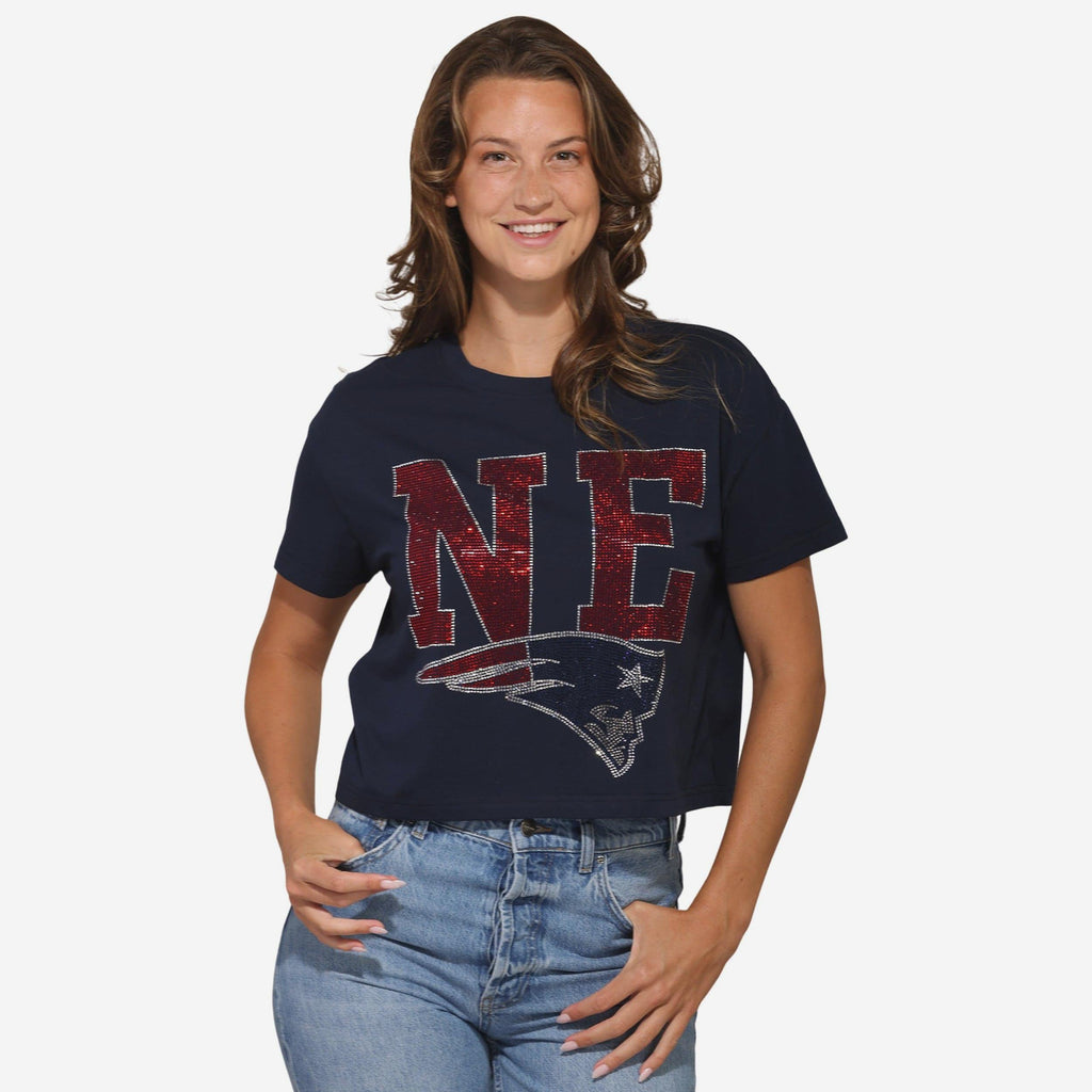 New England Patriots Womens Rhinestone Logo Crop Top FOCO S - FOCO.com