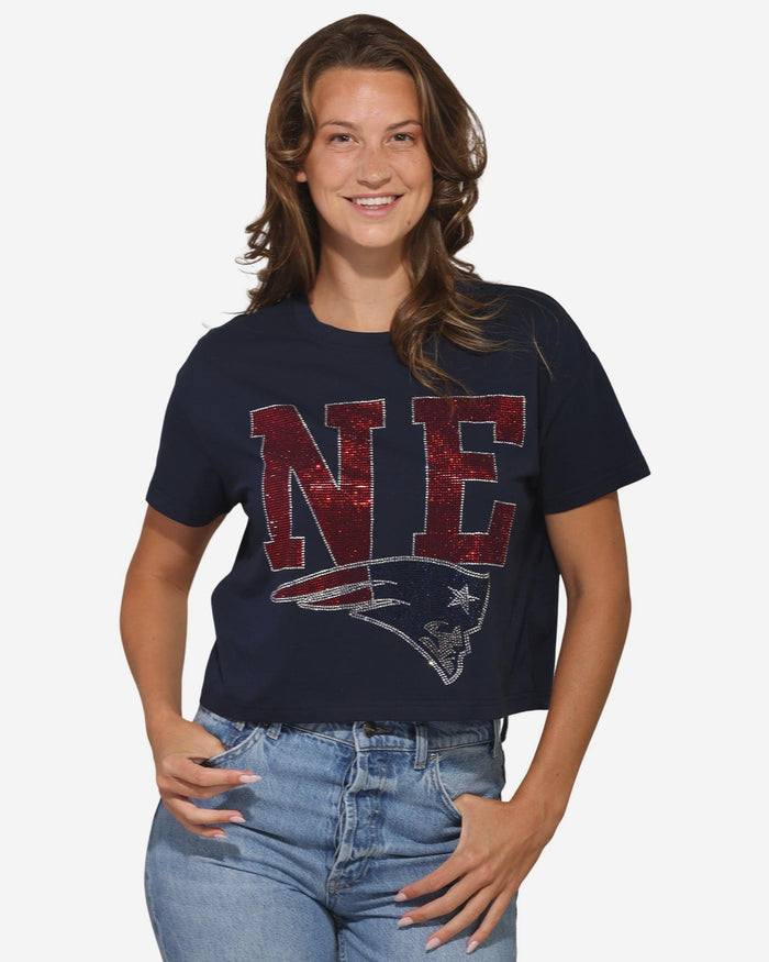 New England Patriots Womens Rhinestone Logo Crop Top FOCO S - FOCO.com