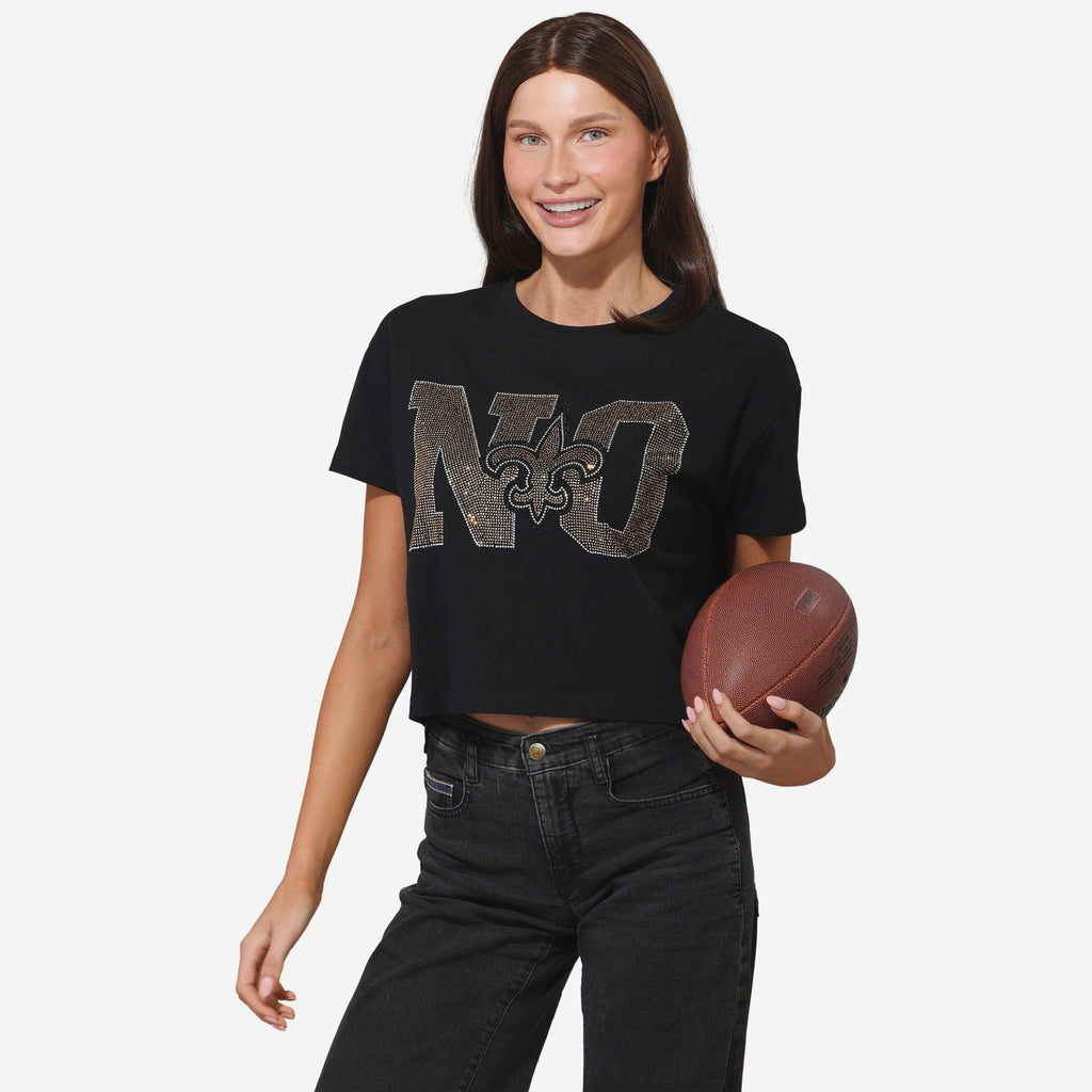 New Orleans Saints Womens Rhinestone Logo Crop Top FOCO S - FOCO.com