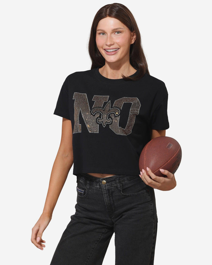 New Orleans Saints Womens Rhinestone Logo Crop Top FOCO S - FOCO.com
