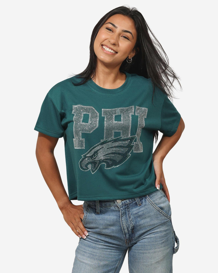 Philadelphia Eagles Womens Rhinestone Logo Crop Top FOCO S - FOCO.com