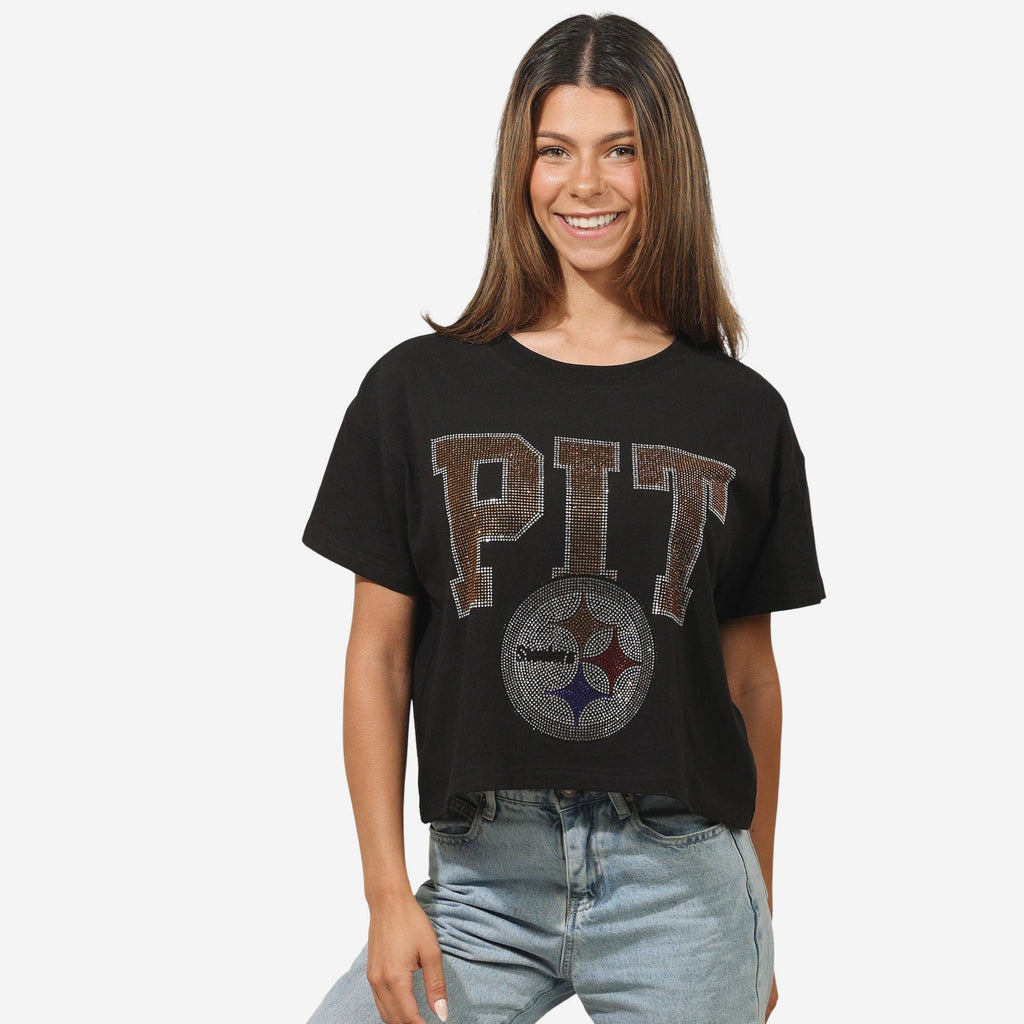 Pittsburgh Steelers Womens Rhinestone Logo Crop Top FOCO S - FOCO.com