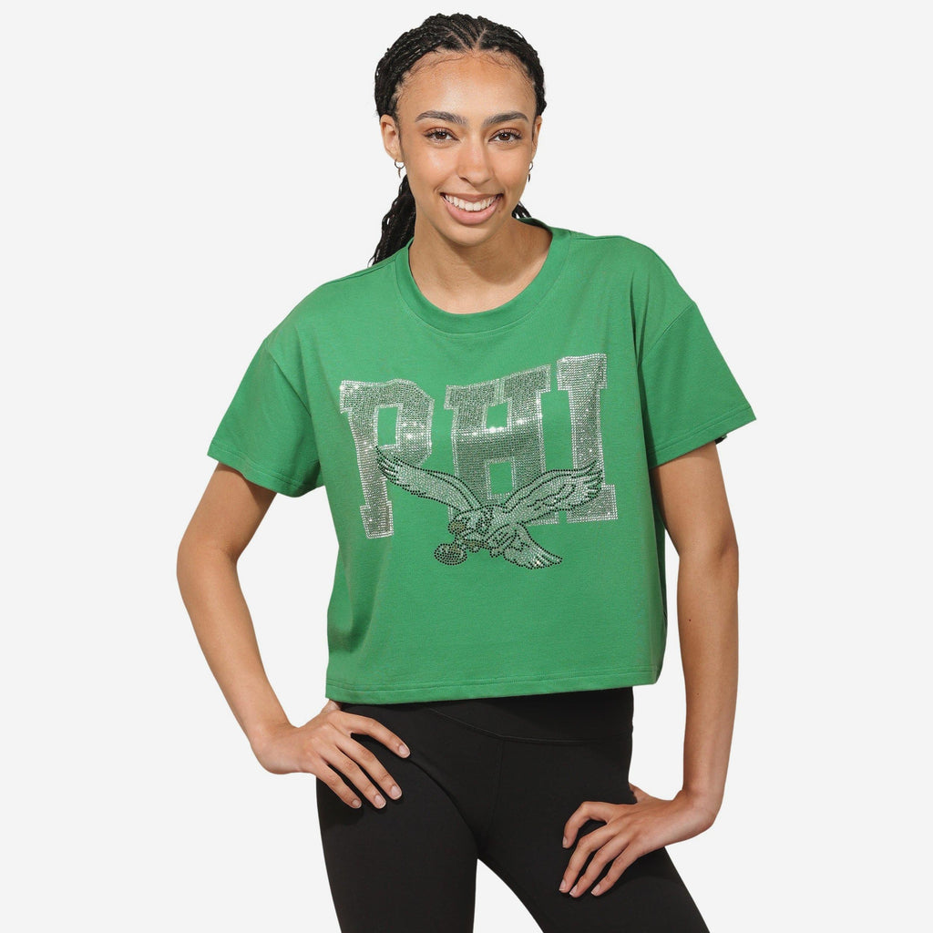 Philadelphia Eagles Womens Kelly Green Rhinestone Logo Crop Top FOCO S - FOCO.com
