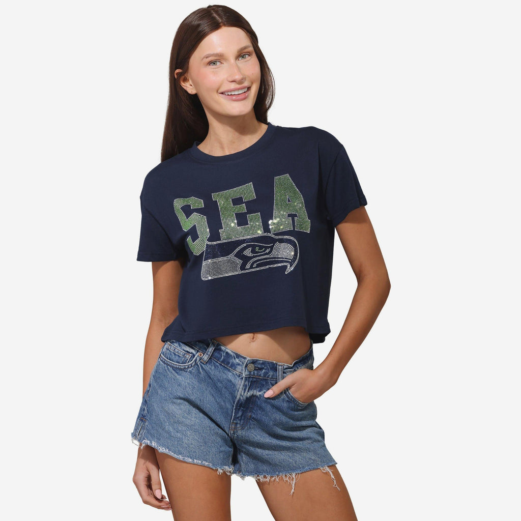 Seattle Seahawks Womens Rhinestone Logo Crop Top FOCO S - FOCO.com