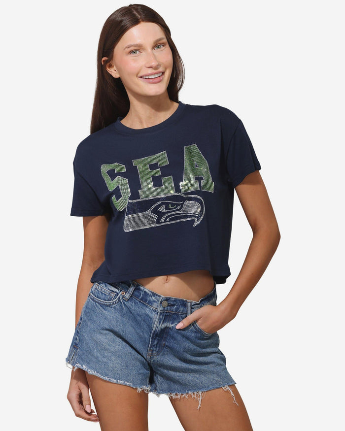 Seattle Seahawks Womens Rhinestone Logo Crop Top FOCO S - FOCO.com