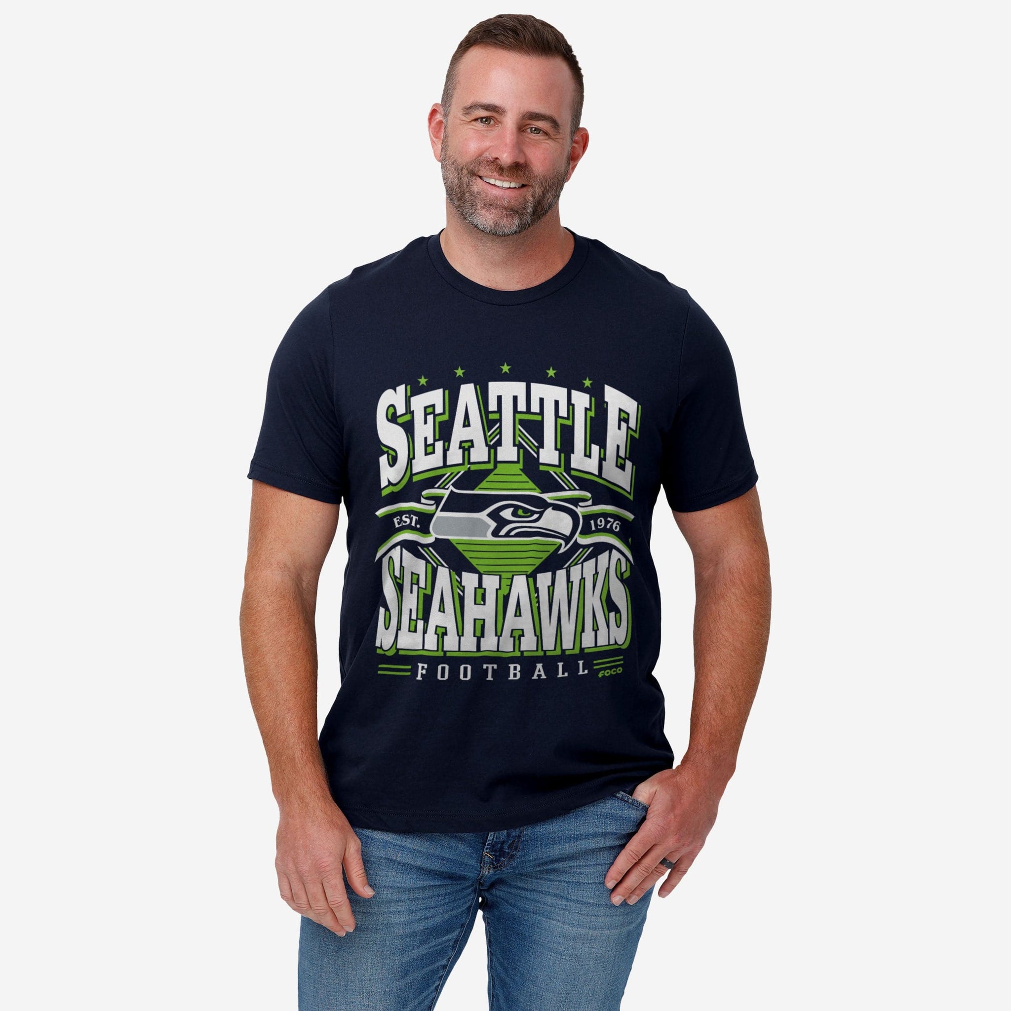 Junk Food Seattle Seahawks Bold Logo Fan T-Shirt - Unisex Short Sleeve Tee, Size Large