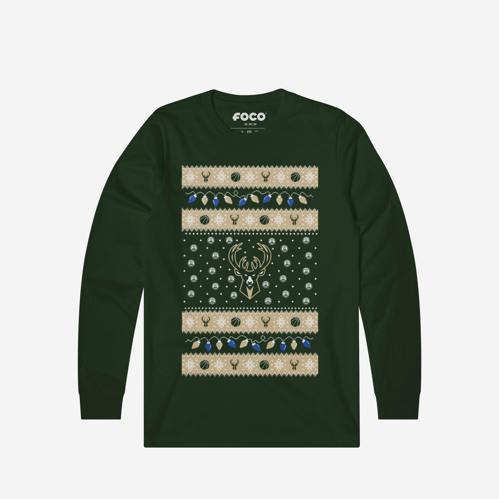 Milwaukee Bucks Holiday Lights Sweater Long Sleeve T-Shirt FOCO S - FOCO.com