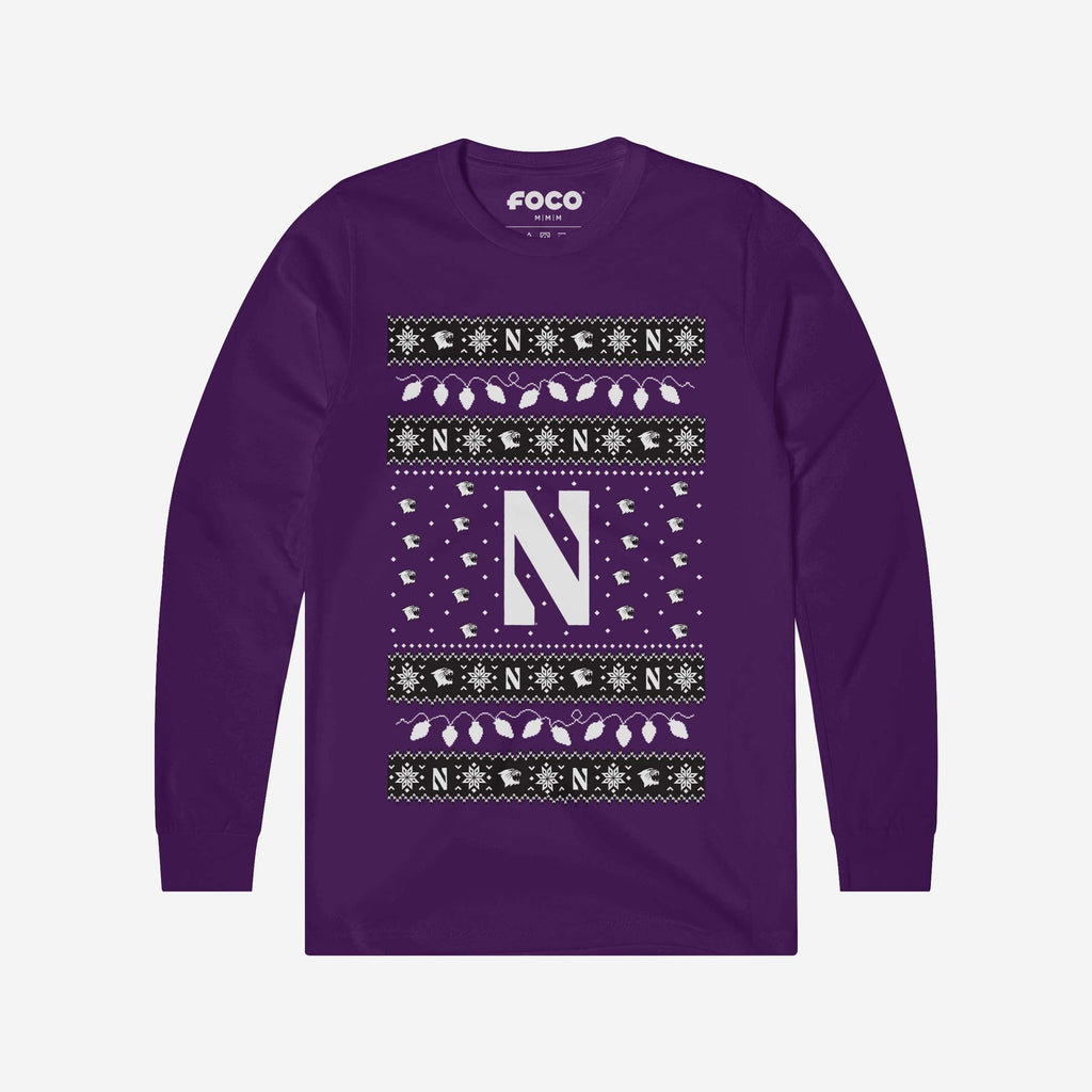 Northwestern Wildcats Holiday Lights Sweater Long Sleeve T-Shirt FOCO S - FOCO.com