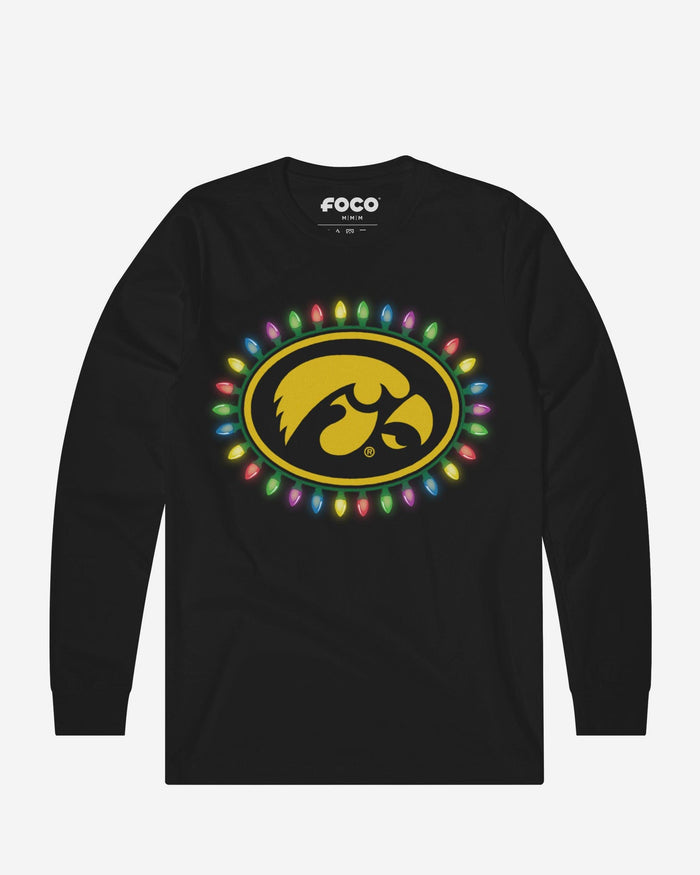 Iowa Hawkeyes Primary Logo Holiday Lights Long Sleeve T-Shirt FOCO S - FOCO.com