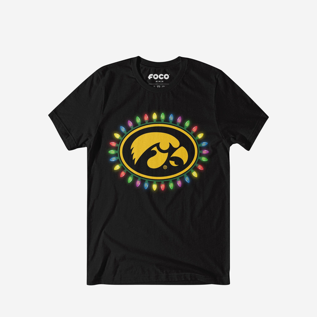 Iowa Hawkeyes Primary Logo Holiday Lights T-Shirt FOCO S - FOCO.com