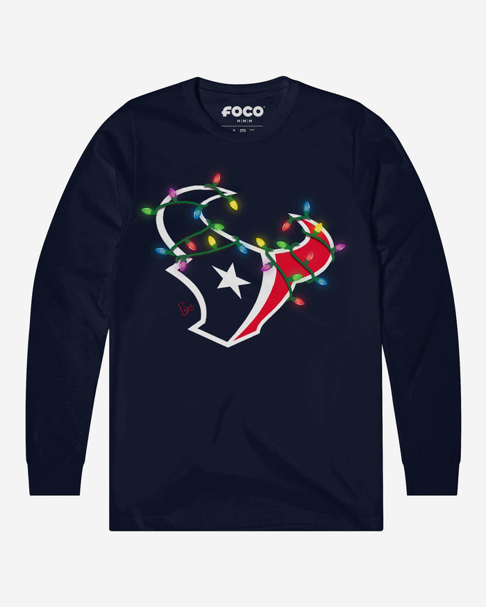 Houston Texans Primary Logo Holiday Lights Long Sleeve T-Shirt FOCO Navy S - FOCO.com