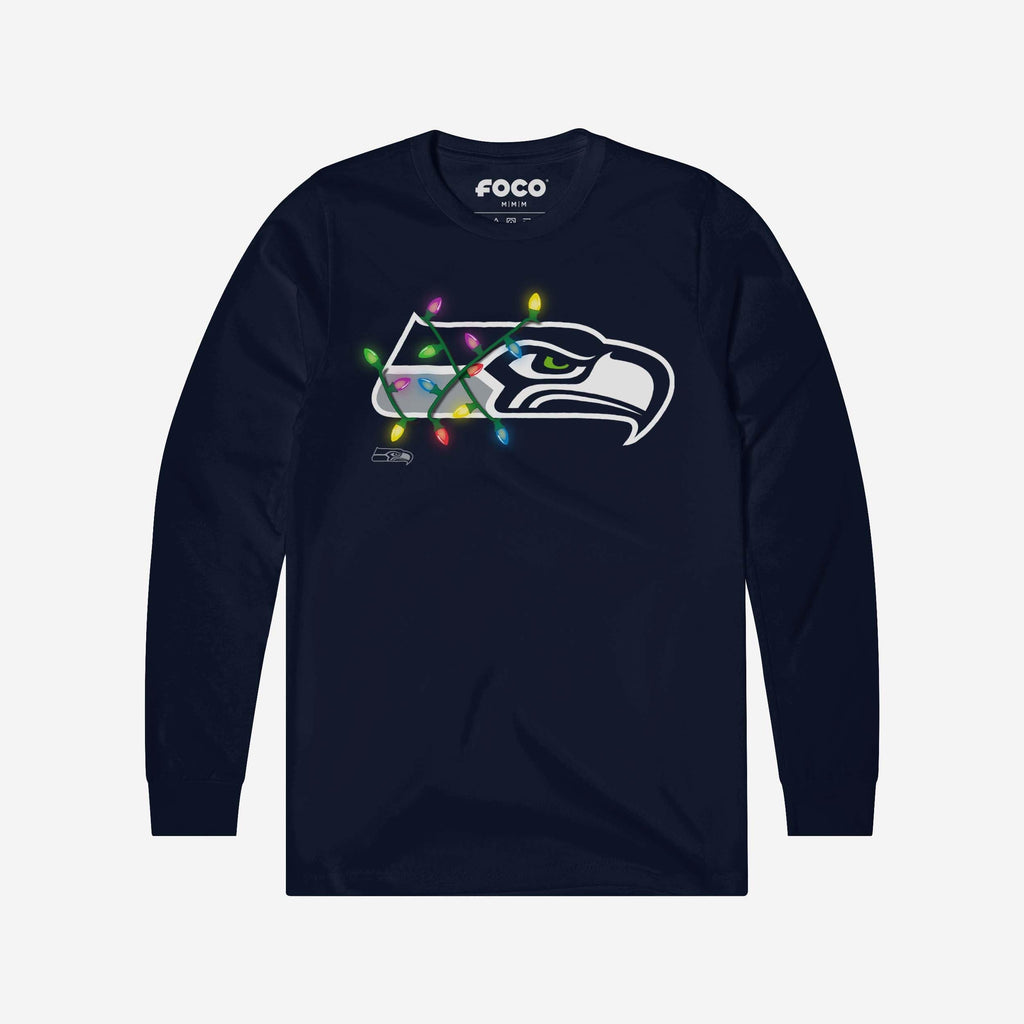Seattle Seahawks Primary Logo Holiday Lights Long Sleeve T-Shirt FOCO Navy S - FOCO.com