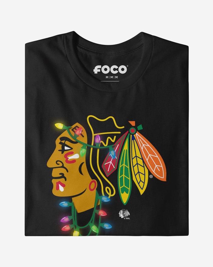 Chicago Blackhawks Primary Logo Holiday Lights Long Sleeve T-Shirt FOCO S - FOCO.com