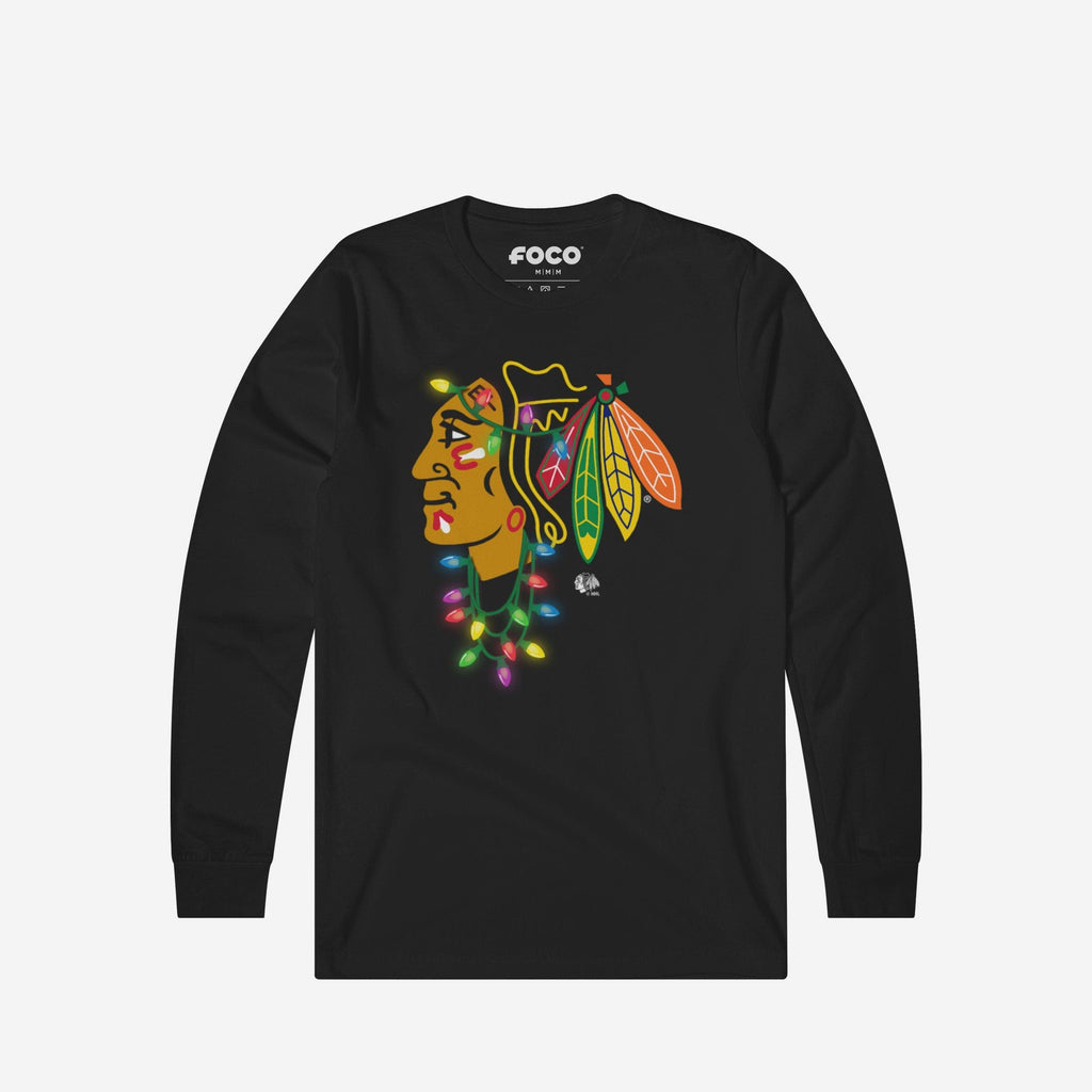 Chicago Blackhawks Primary Logo Holiday Lights Long Sleeve T-Shirt FOCO S - FOCO.com