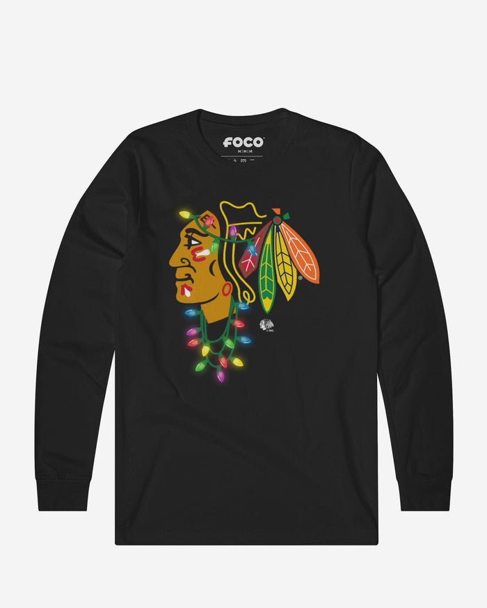 Chicago Blackhawks Primary Logo Holiday Lights Long Sleeve T-Shirt FOCO S - FOCO.com