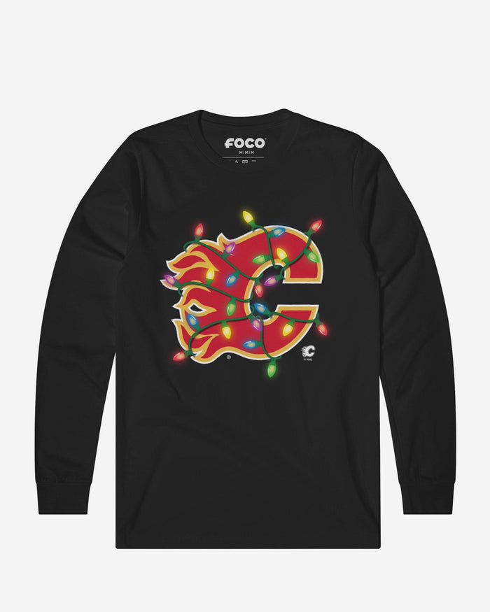 Calgary Flames Primary Logo Holiday Lights Long Sleeve T-Shirt FOCO S - FOCO.com