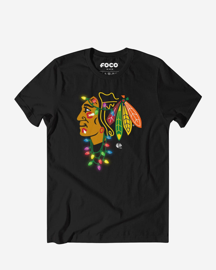 Chicago Blackhawks Primary Logo Holiday Lights T-Shirt FOCO S - FOCO.com