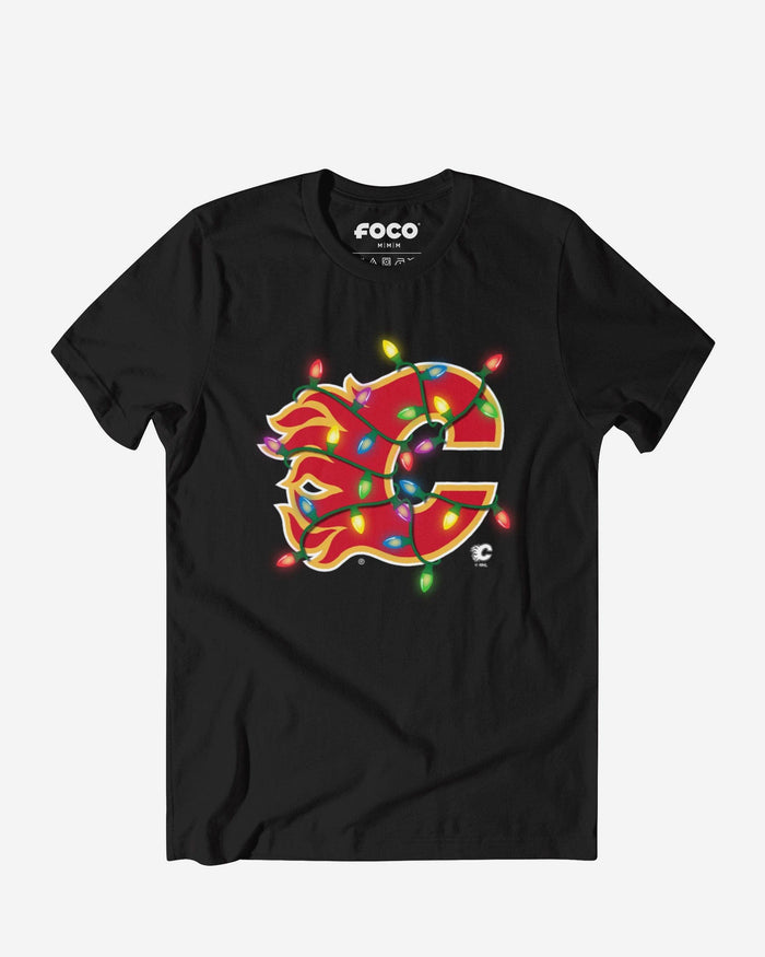 Calgary Flames Primary Logo Holiday Lights T-Shirt FOCO S - FOCO.com