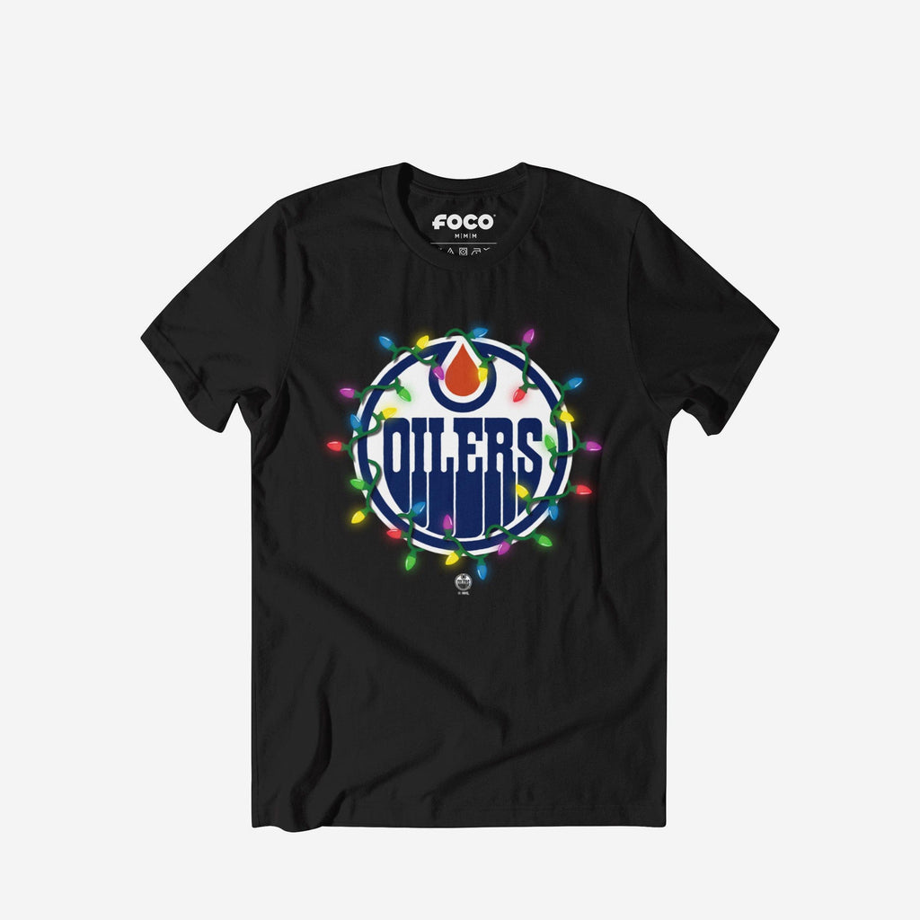 Edmonton Oilers Primary Logo Holiday Lights T-Shirt FOCO S - FOCO.com