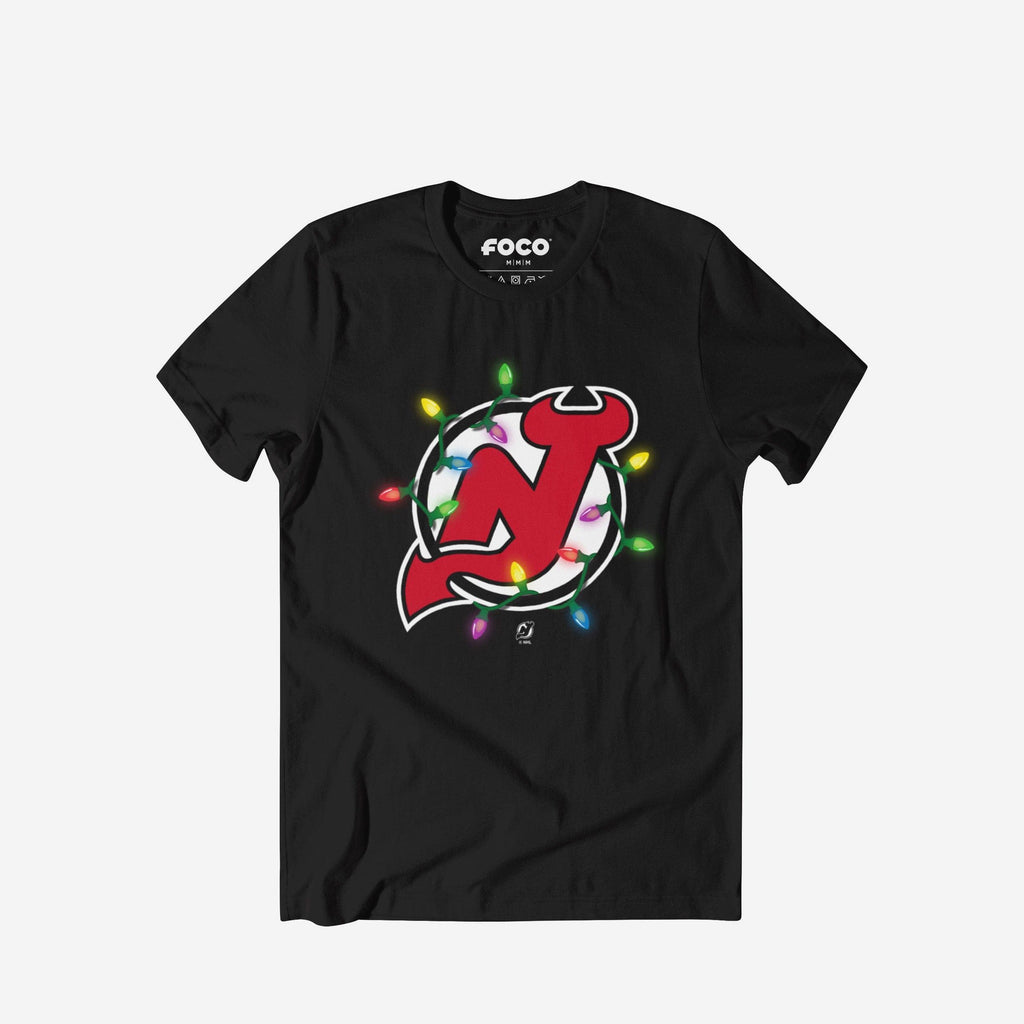 New Jersey Devils Primary Logo Holiday Lights T-Shirt FOCO S - FOCO.com