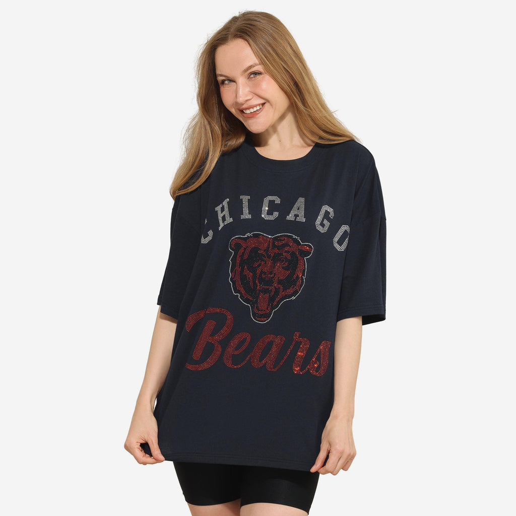 Chicago Bears Womens Rhinestone Logo Oversized T-Shirt FOCO S - FOCO.com