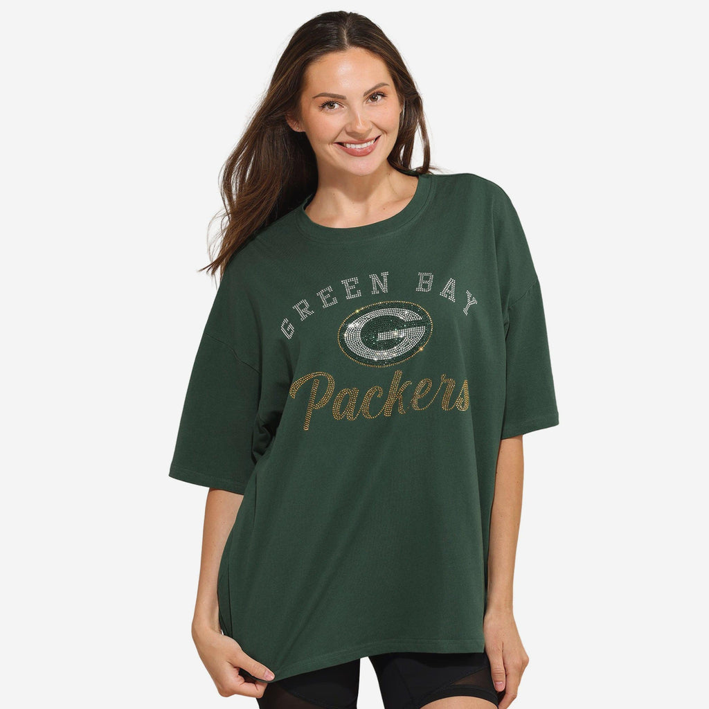 Green Bay Packers Womens Rhinestone Logo Oversized T-Shirt FOCO S - FOCO.com