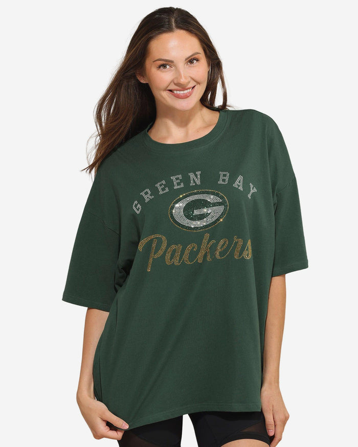 Green Bay Packers Womens Rhinestone Logo Oversized T-Shirt FOCO S - FOCO.com